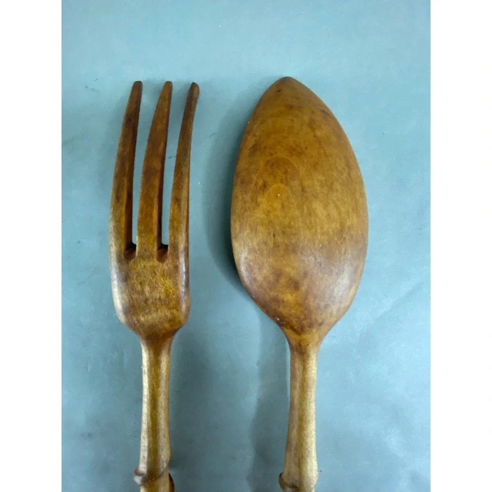 Wooden Salad Servers Rustic Spiral Hand Carved Spoon Fork‎ Set 10